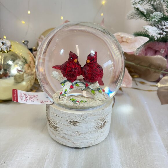 Sleigh Hill  Musical Christmas Snow Water Globe Red Cardinals Birch Branch New - Picture 1 of 4